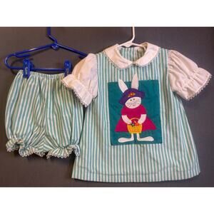 90s Easter Baby Jumper Dress 24 Month Bunny Rabbit Basket Flowers Bloomers Vint